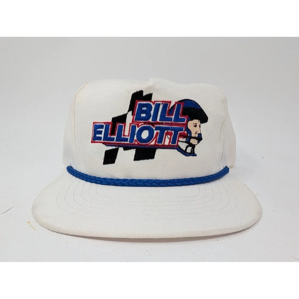VINTAGE Bill Elliott Hat Cap Snap Back Mens One Size White NASCAR Rope 90s